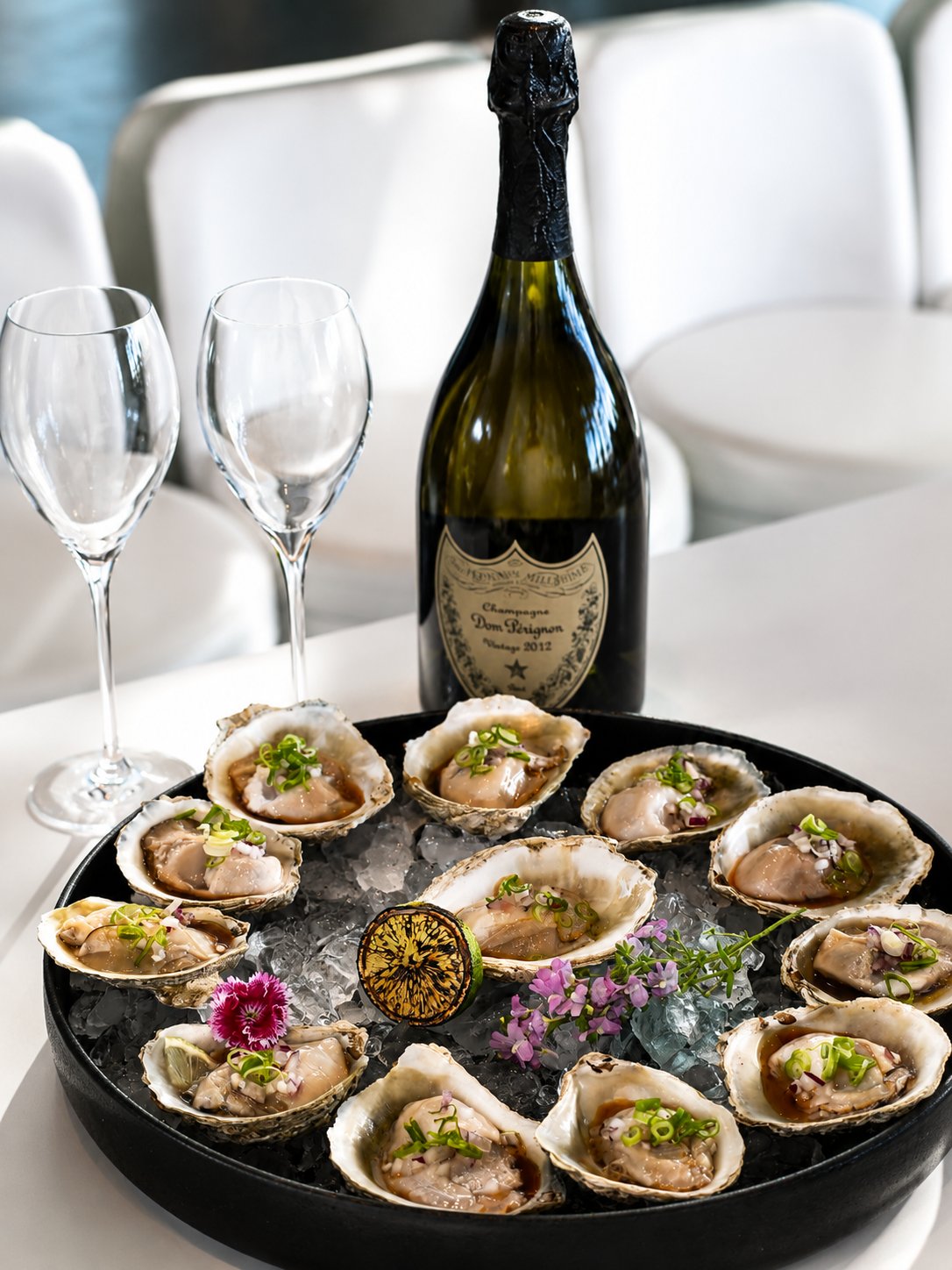 Oysters on ice served with champagne