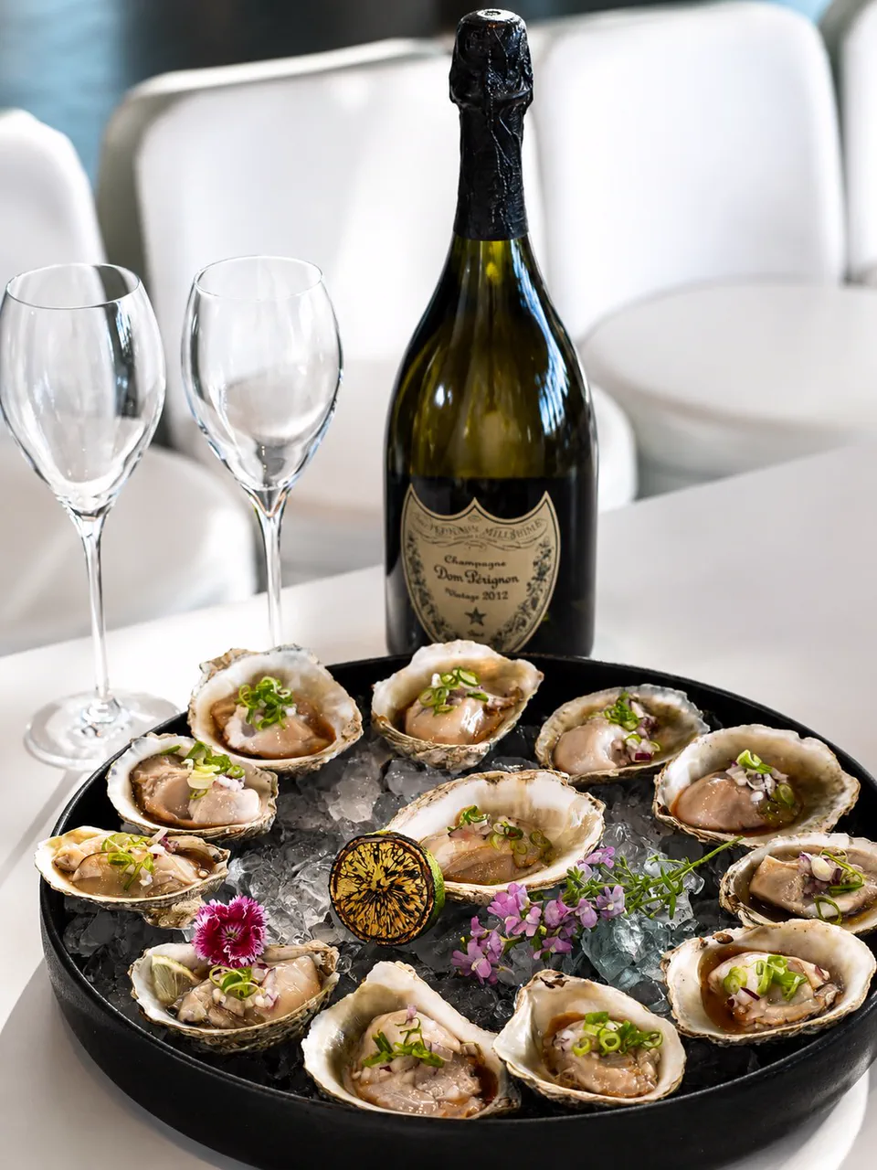 Oysters on ice served with champagne