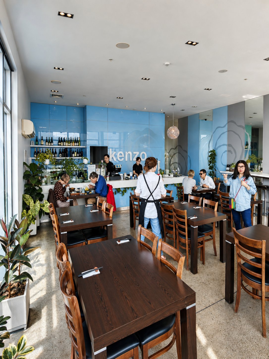 The bright dining room and counter at Kenzo