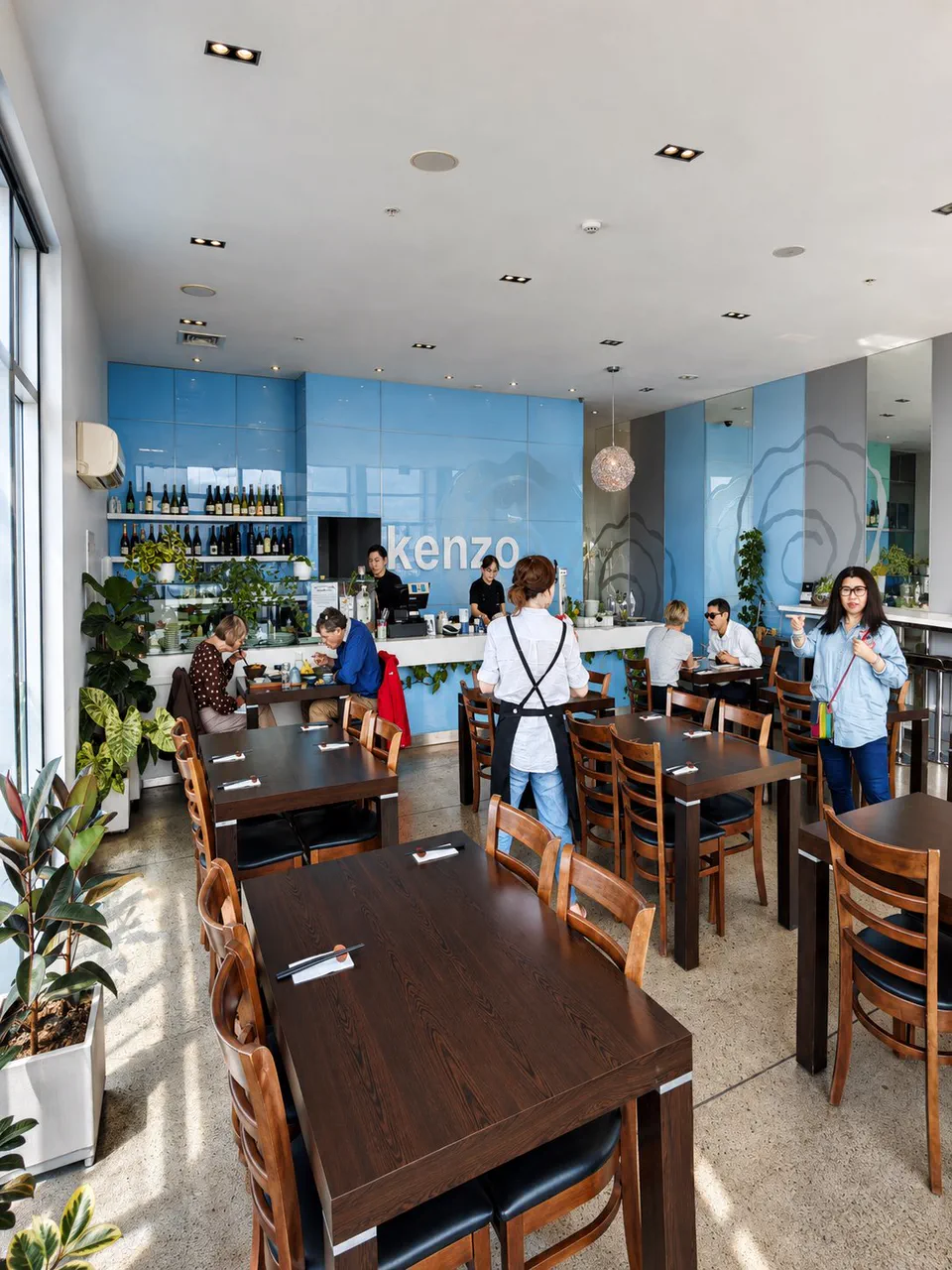 The bright dining room and counter at Kenzo